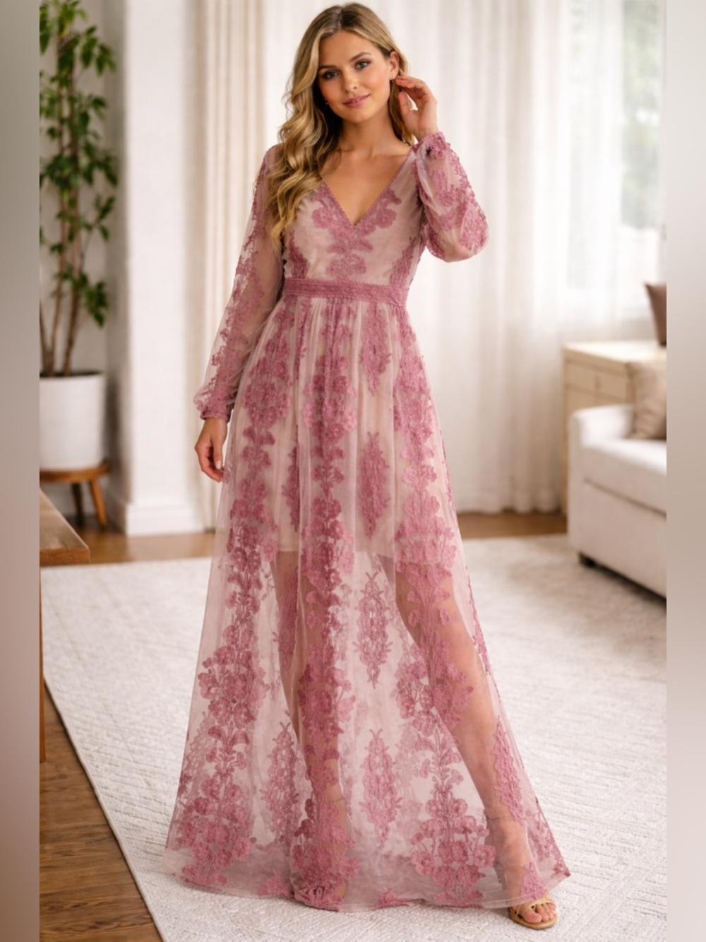 NWT A Beautiful Soul Sheer Embroidered Long Sleeve Dress 14/16
